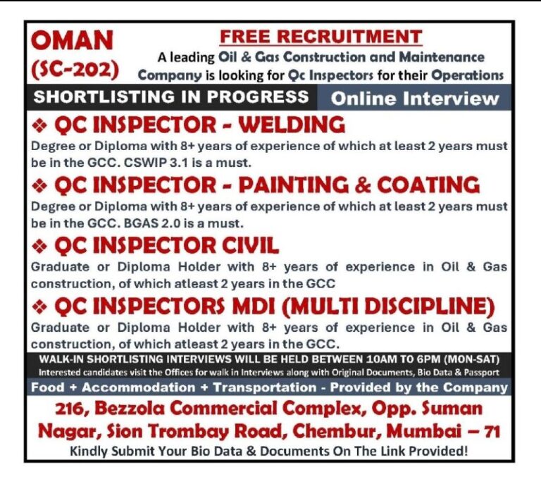 Oman QC Inspector Jobs – Free Recruitment at Oil & Gas Company