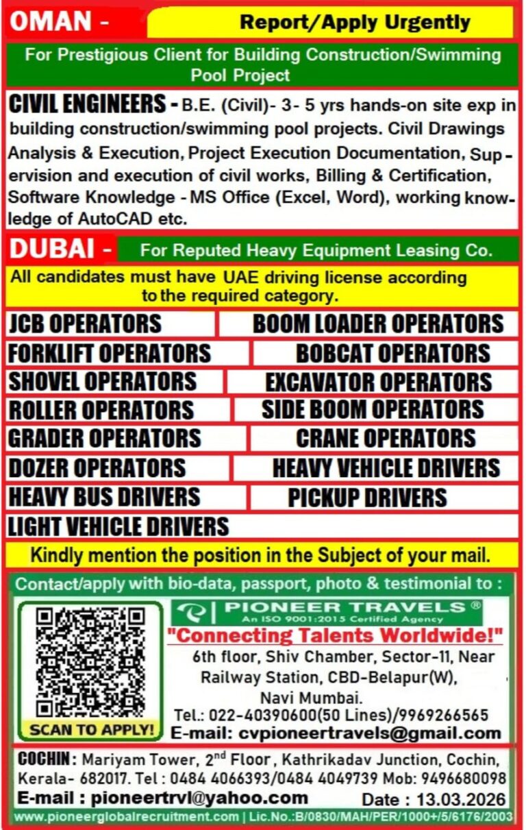 Oman & Dubai Jobs – Urgent Hiring at Pioneer Travels