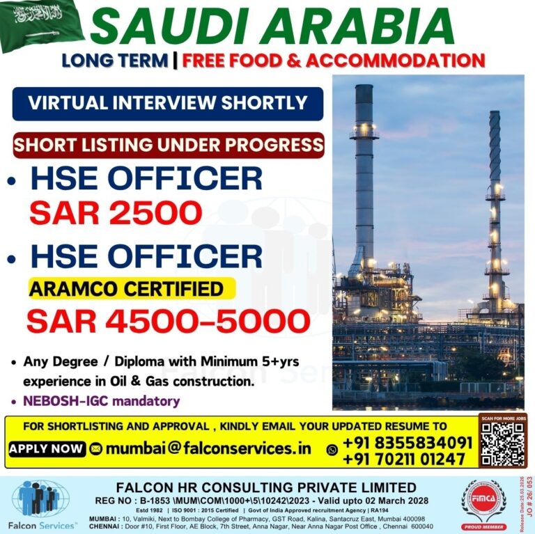 Saudi Arabia HSE Officer Jobs – Urgent Hiring at Falcon HR