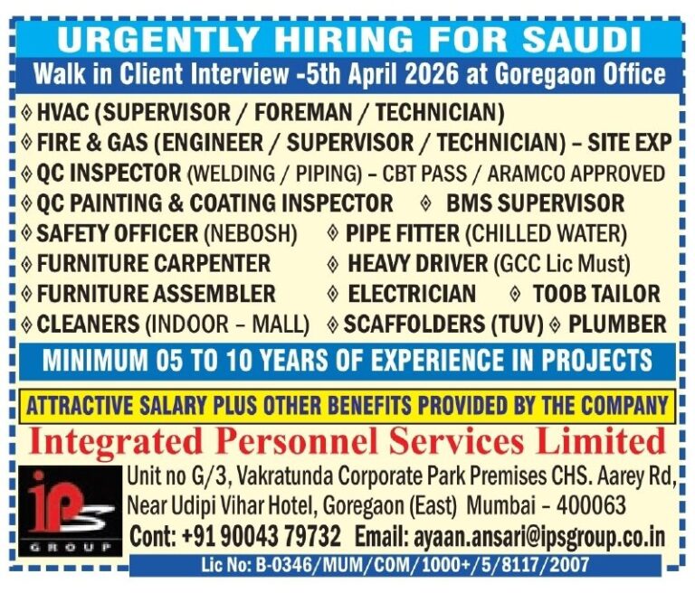 Saudi Arabia Job Vacancy – Urgent Hiring at IPS Group