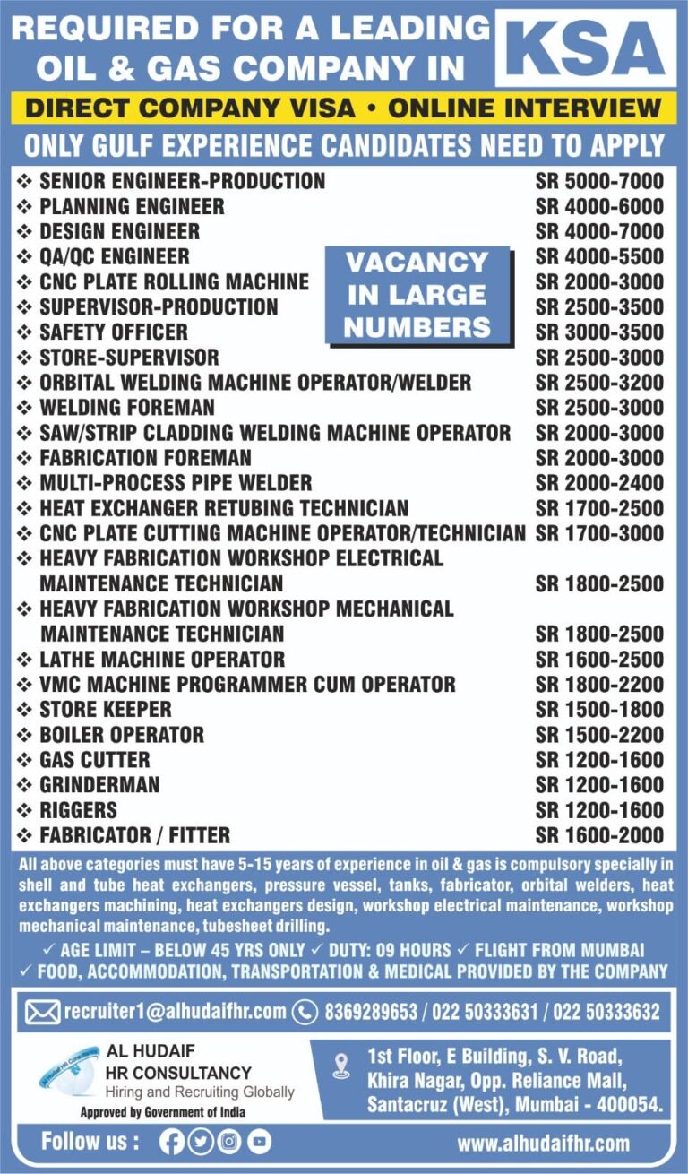 Saudi Arabia Oil & Gas Jobs – Urgent Hiring at Al Hudaif HR