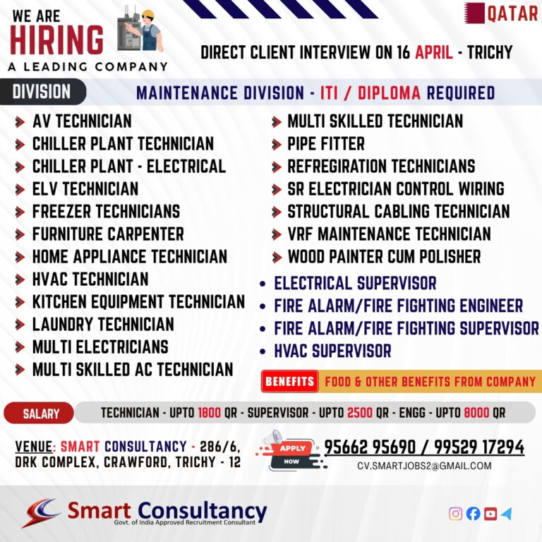 Urgent Hiring for Qatar Company Name: AL MOAYYED Direct Client Interview – 16 April | Trichy 8 Urgent Hiring for Qatar Company Name: AL MOAYYED Direct Client Interview – 16 April | Trichy