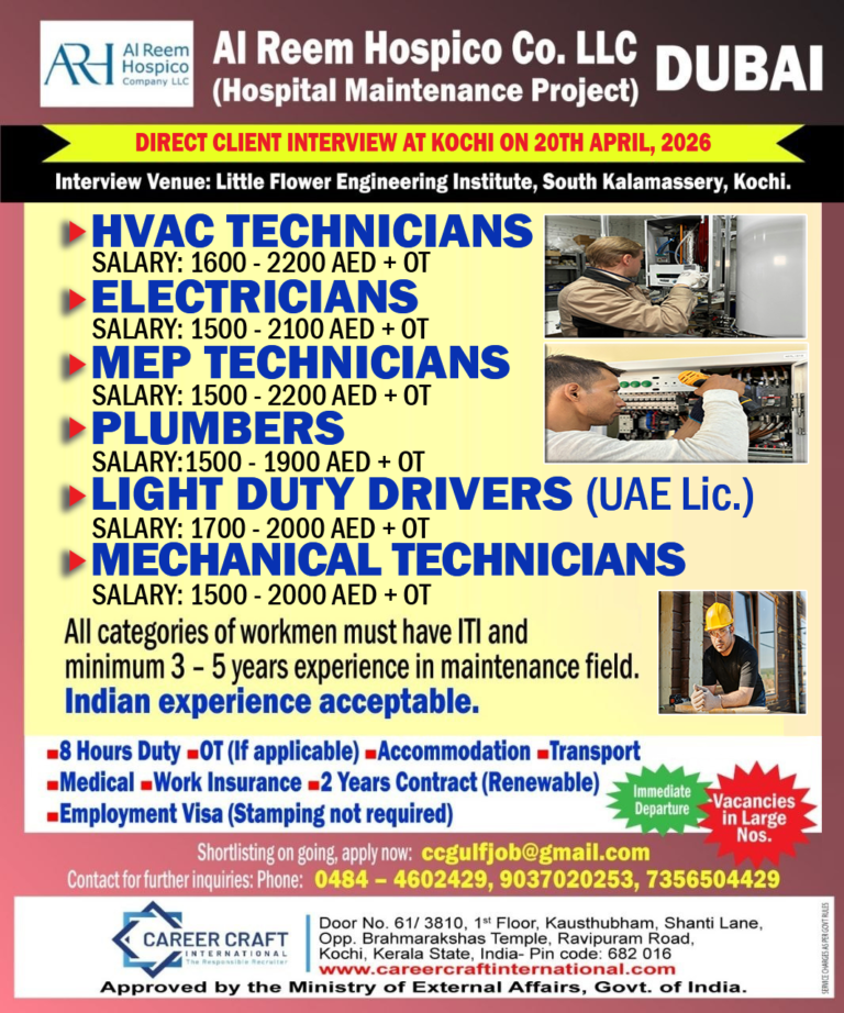 Direct Client Interview at Kochi on 20th April, 2026 for Al Reem Hospico Group, Dubai –