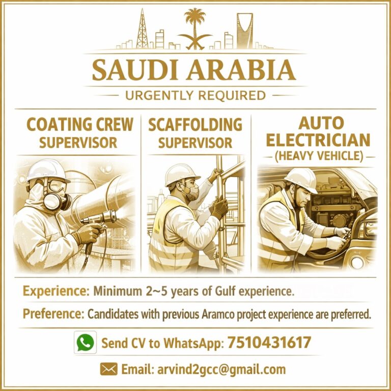 Auto Eectrician (Heavy), Coating Crew Supervisor,  Scaffolding Supervisor
