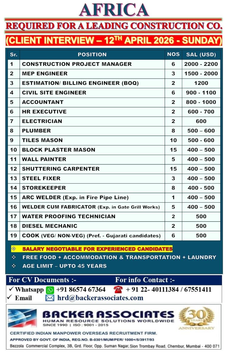 Africa Job Vacancy – Urgent Hiring at Backer Associates 2 Africa Job Vacancy – Urgent Hiring at Backer Associates