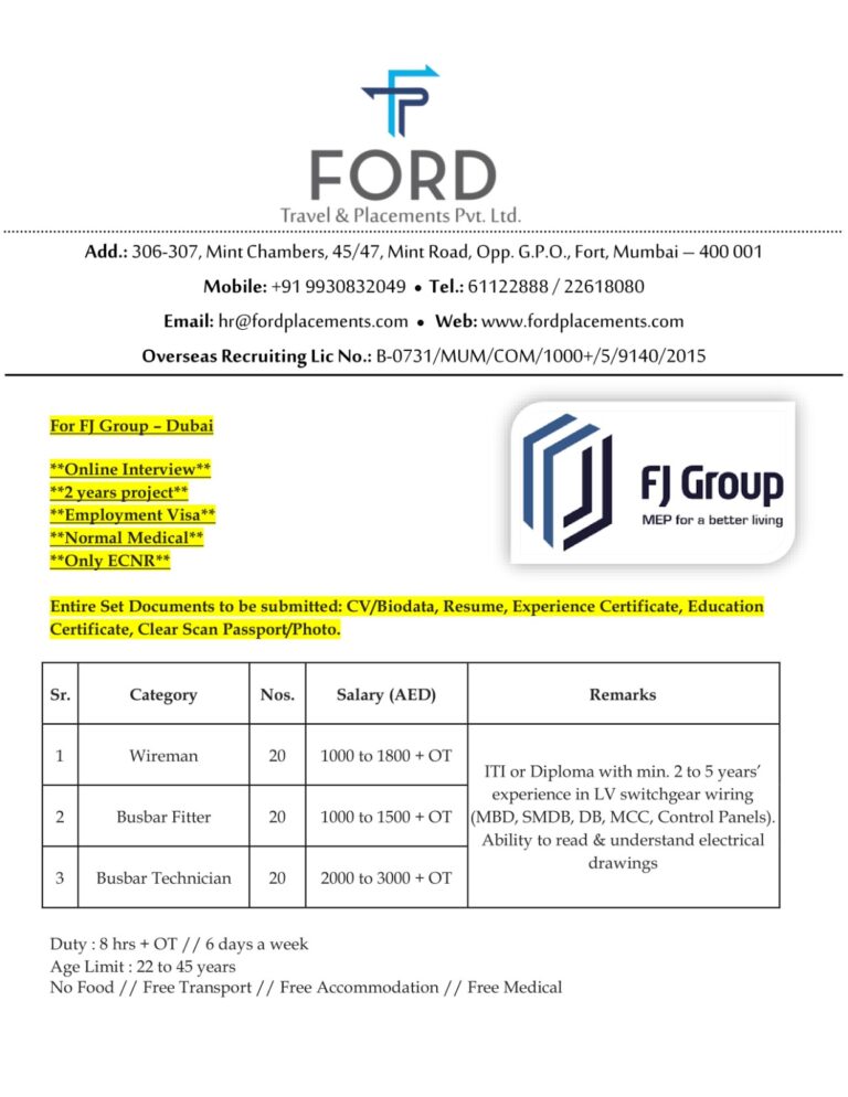 Dubai Electrician Jobs – Urgent Hiring at Ford Placements 5 Dubai Electrician Jobs – Urgent Hiring at Ford Placements