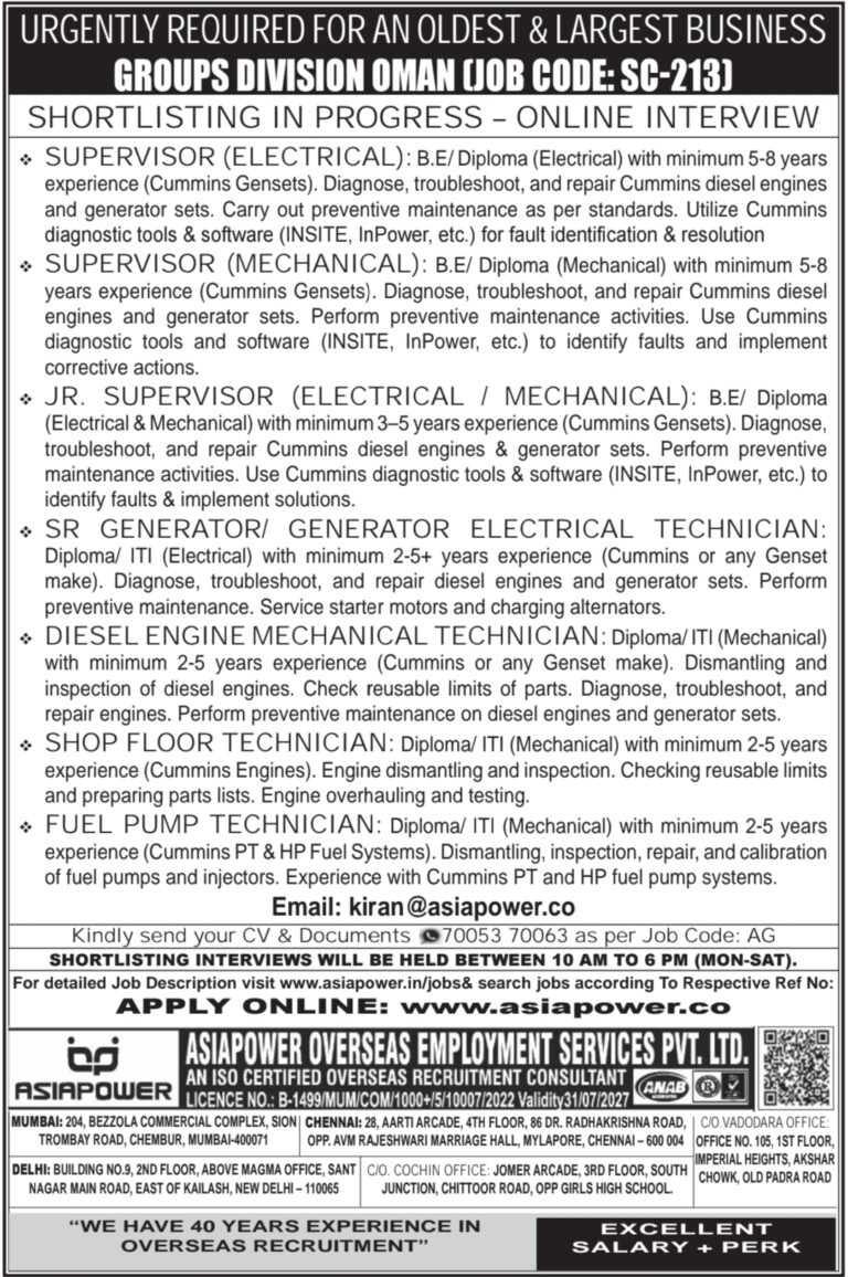 Oman Job Vacancy – Urgent Hiring at Asiapower Overseas