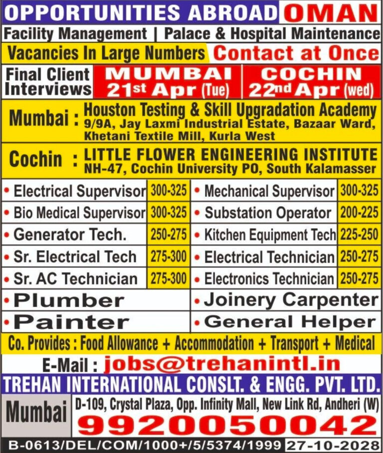 Oman Job Vacancy – Urgent Hiring at Trehan International