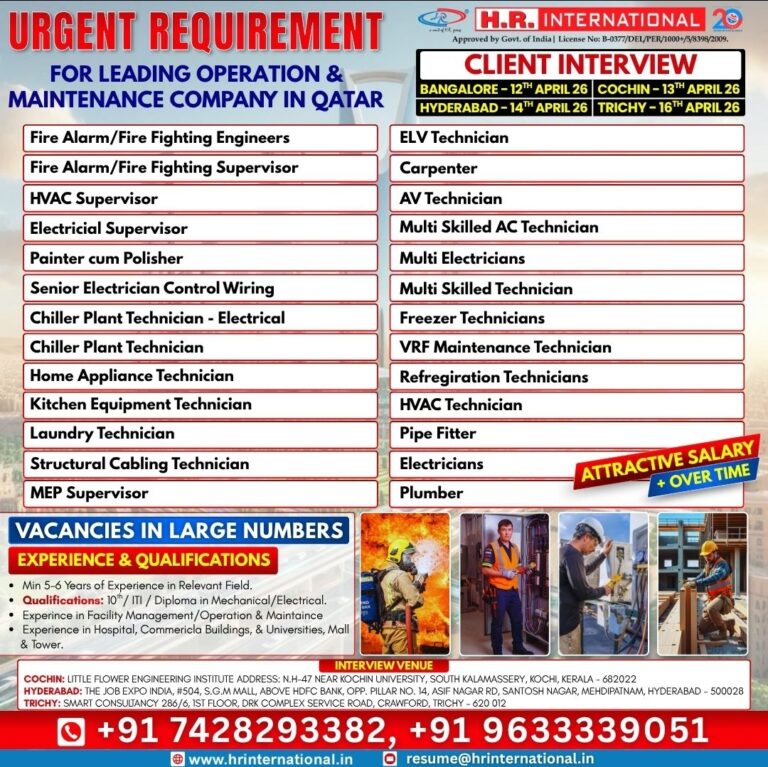 Qatar Job Vacancy – Urgent Hiring at H.R. International