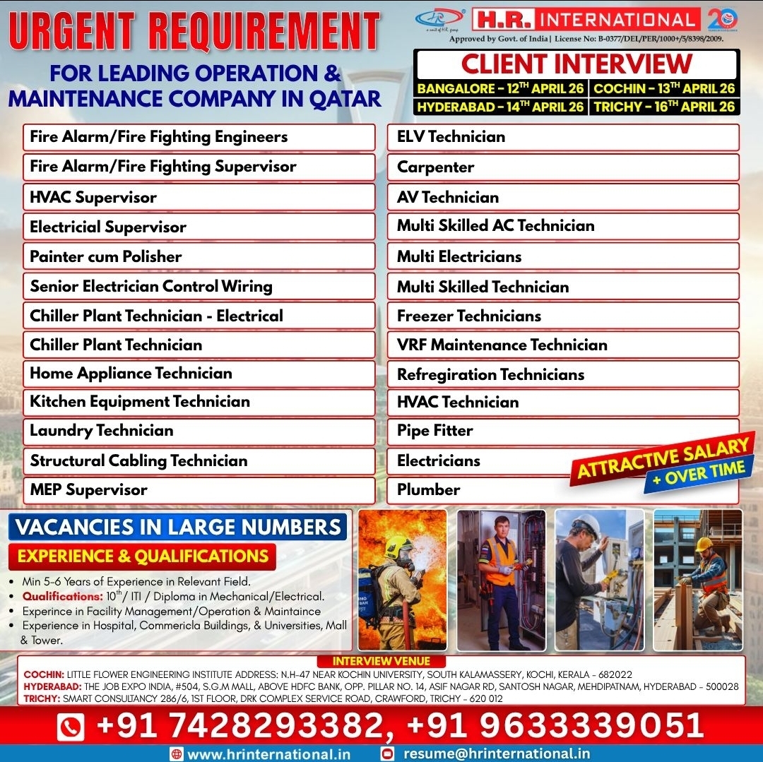 Qatar Technical Jobs 2026 - H.R. International Hiring Qatar Technical Jobs 2026 - H.R. International Hiring