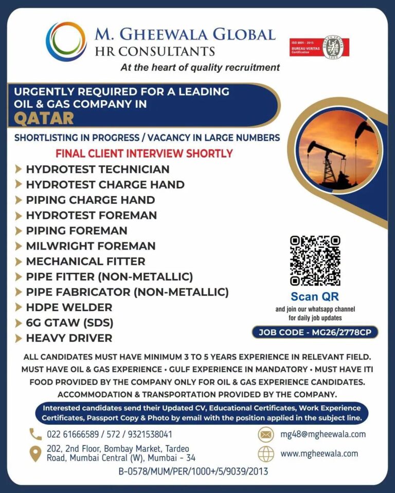 Qatar Oil & Gas Jobs – Urgent Hiring at M. Gheewala Global 7 Qatar Oil & Gas Jobs – Urgent Hiring at M. Gheewala Global