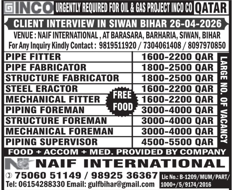 Qatar Oil & Gas Jobs – Urgent Hiring at NAIF International