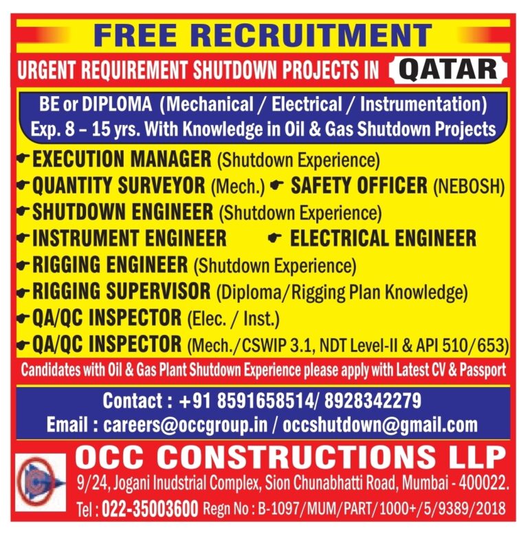 Qatar Shutdown Jobs – Urgent Hiring at OCC Constructions LLP 7 Qatar Shutdown Jobs – Urgent Hiring at OCC Constructions LLP