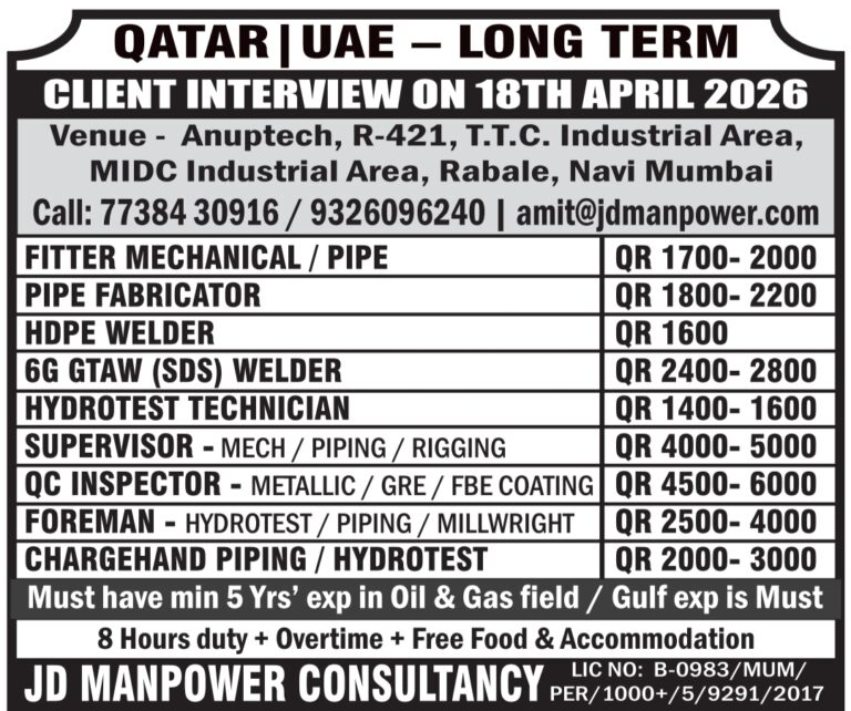 Qatar UAE Job Vacancy – Client Interview on 18th April at JD Manpower