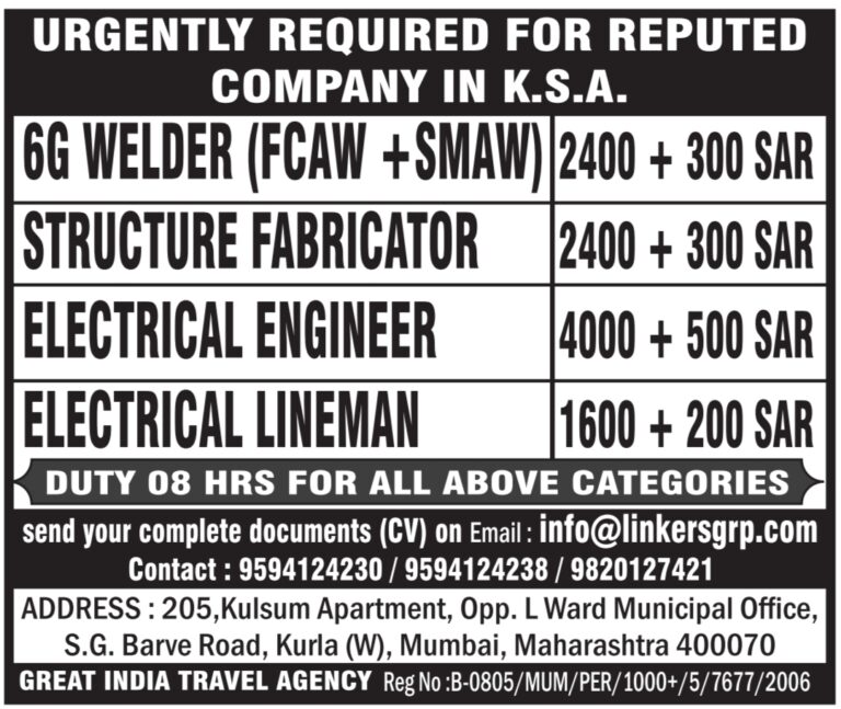 Saudi Arabia Job Vacancy – Urgent Hiring at Great India Travel Agency