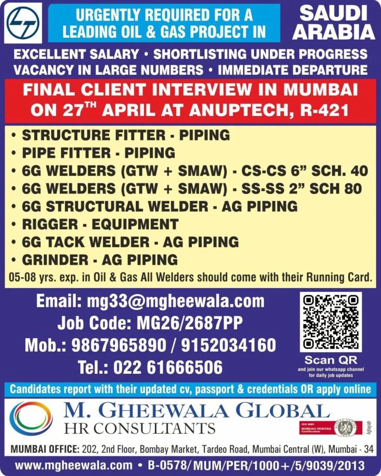 Saudi Arabia Oil & Gas Jobs – Urgent Hiring at M. Gheewala Global 6 Saudi Arabia Oil & Gas Jobs – Urgent Hiring at M. Gheewala Global