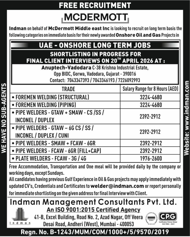 UAE Offshore Oil & Gas Jobs – Urgent Welder Hiring at Indman 1 UAE Offshore Oil & Gas Jobs – Urgent Welder Hiring at Indman