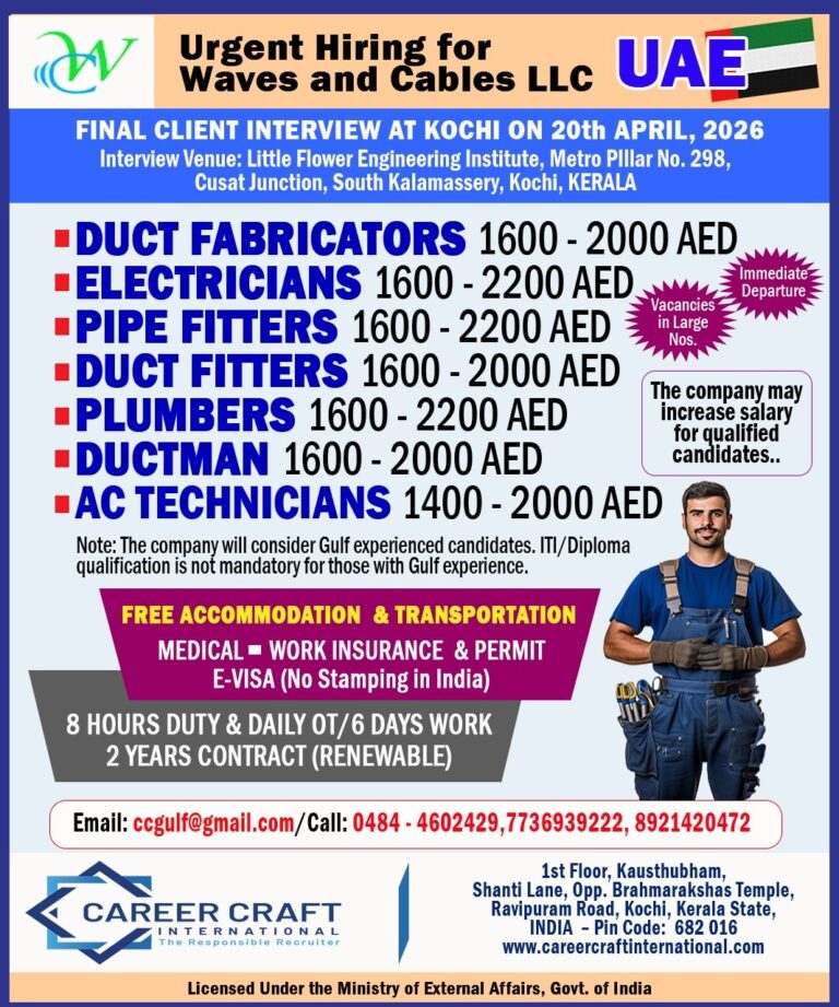 Client Interview at Kochi on 20th April, 2026 for Waves and Cables LLC, Dubai –