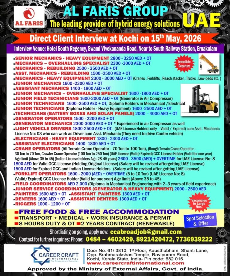 Client Interview at Kochi on 15th May, 2026 for Al Faris Group, United Arab Emirates –