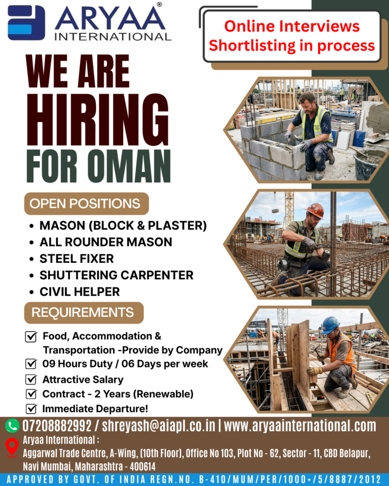 Aryaa International is currently hiring skilled professionals for multiple construction roles in Oman