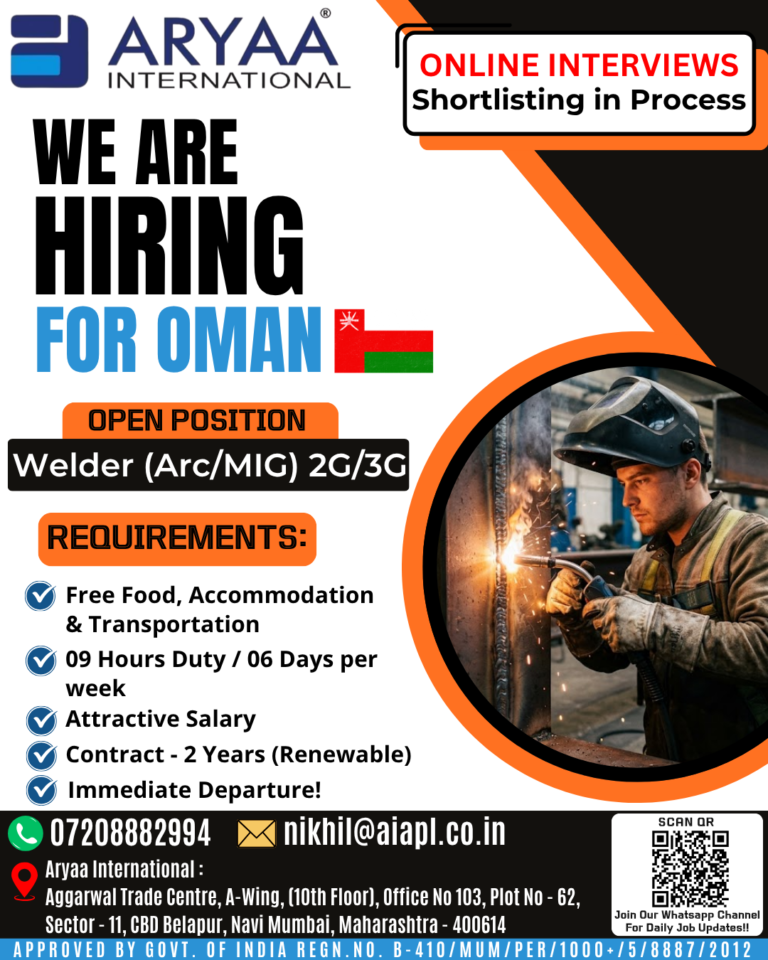 Aryaa International is hiring for overseas opportunities. We have urgent openings for Welder positions in Oman!!