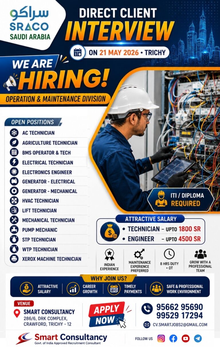Gulf Job Opportunity – Saudi Arabia   | Direct Client Interview on 21 MAY in Trichy