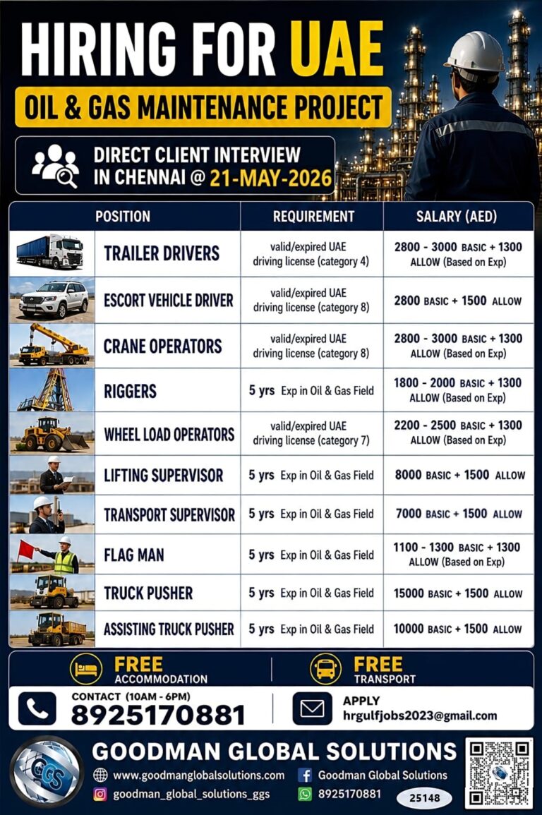 URGENT REQUIREMENT - UAE - LONG TERM DIRECT CLIENT INTERVIEW IN CHENNAI MAY 21st 2026 8 URGENT REQUIREMENT – UAE – LONG TERM DIRECT CLIENT INTERVIEW IN CHENNAI MAY 21st 2026
