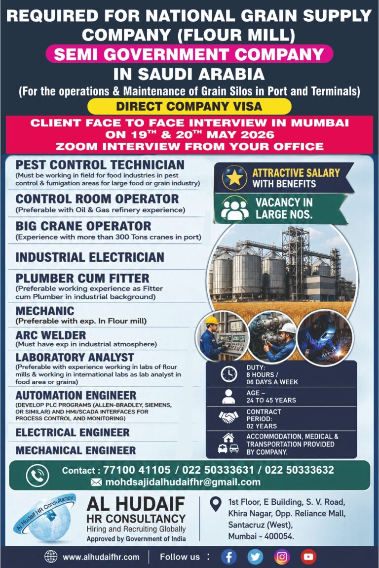 Saudi Arabia Job Vacancy – Urgent Hiring at Al Hudaif HR