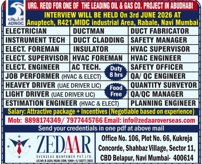 Abu Dhabi Oil & Gas Jobs – Urgent Hiring at Zedaar Overseas