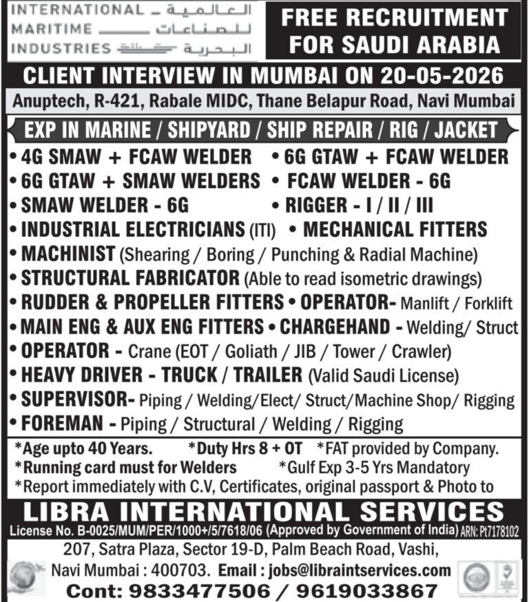 Saudi Arabia Job Vacancy – Urgent Hiring at Libra International Services