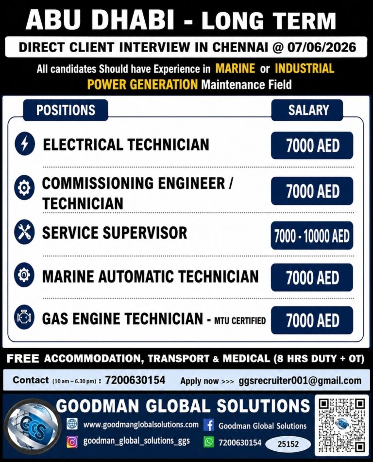 URGENT REQUIREMENT - ABUDHABI - LONG TERM DIRECT CLIENT INTERVIEW IN CHENNAI ON 07/06/2026 4 URGENT REQUIREMENT – ABUDHABI – LONG TERM DIRECT CLIENT INTERVIEW IN CHENNAI ON 07/06/2026