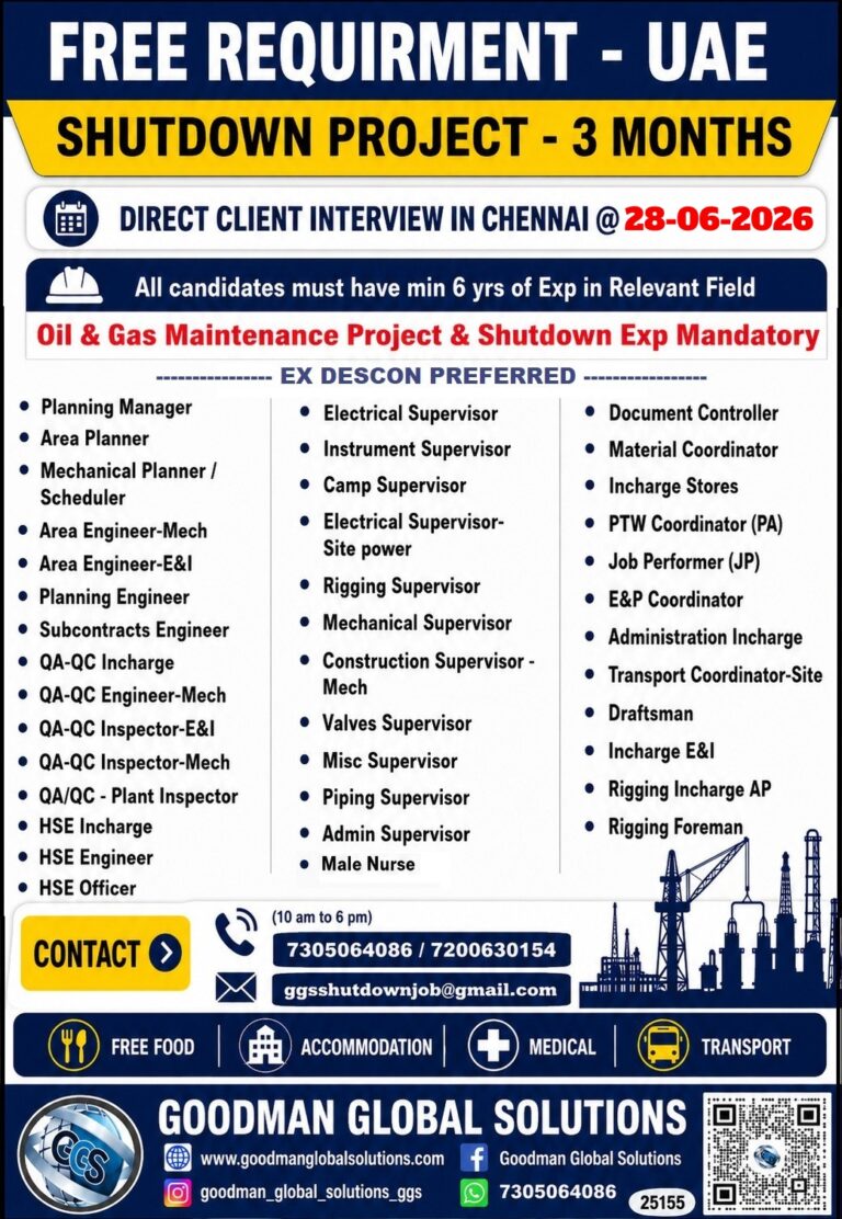 FREE REQUIREMENT - UAE - SHUTDOWN PROJECT DIRECT CLIENT INTERVIEW IN CHENNAI ON 28-06-2026 5 FREE REQUIREMENT – UAE – SHUTDOWN PROJECT DIRECT CLIENT INTERVIEW IN CHENNAI ON 28-06-2026