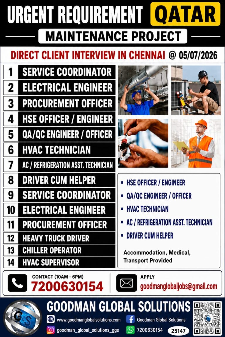 QATAR- OIL & GAS – LONG TERM PROJECT  DIRECT CLIENT INTERVIEW IN CHENNAI ON 05-07-2026