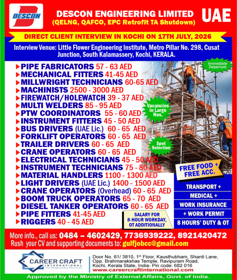 Client Interview at Kochi on 17th July, 2026 for Descon Engineering, Abu Dhabi –