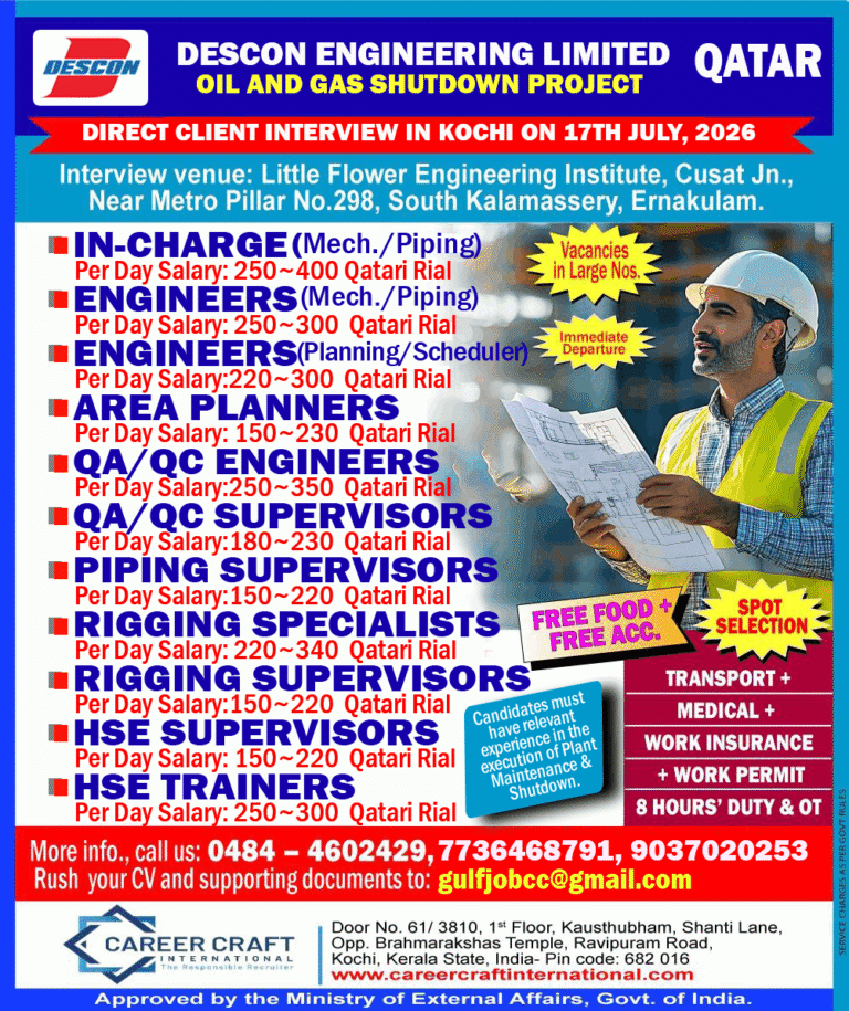 Client Interview at Kochi on 17th July, 2026 for Descon Engineering, Qatar –
