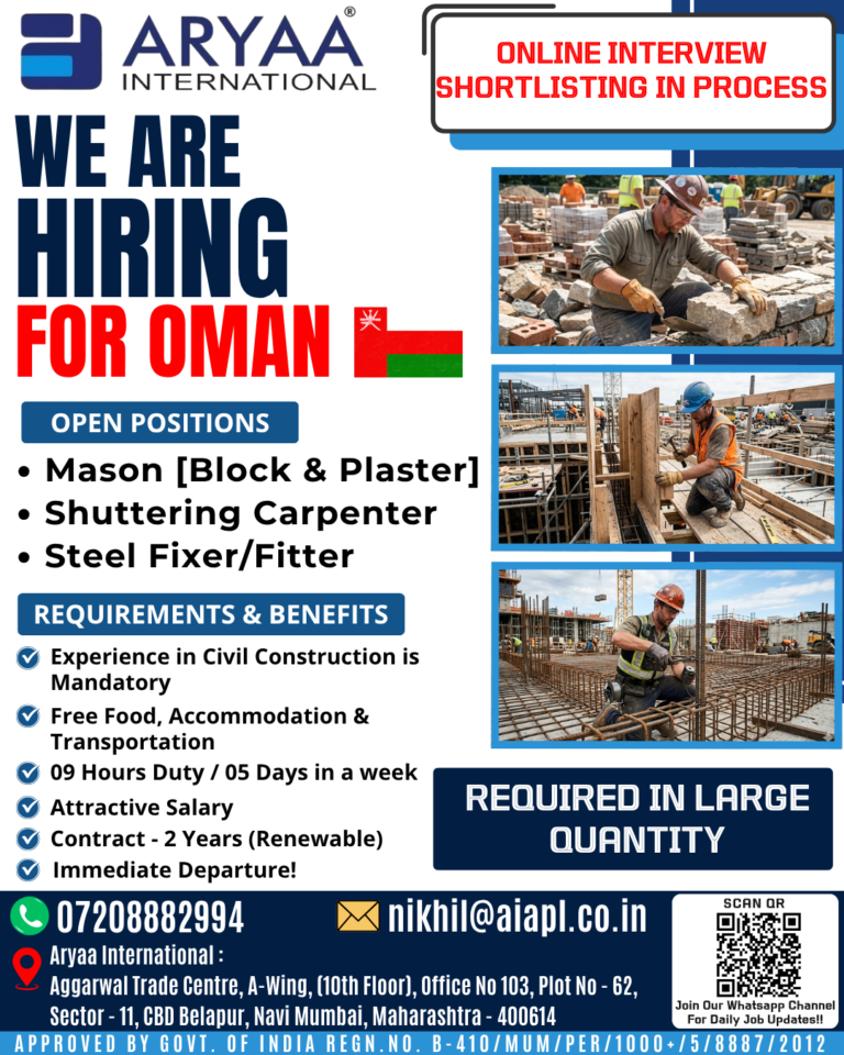 Hiring for Oman – Immediate Opportunities in Civil Construction
