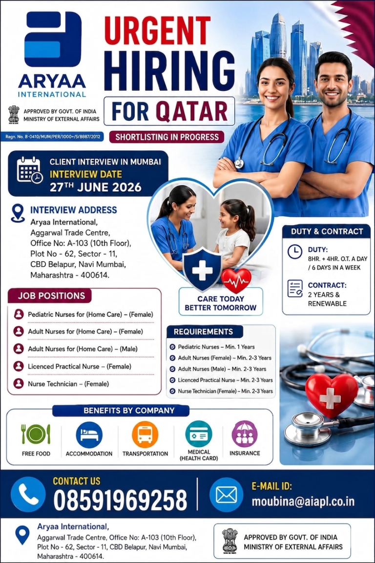 Hey Nurses! Ready to advance your career? Arya International is urgently hiring nursing staff for home care positions in Qatar.