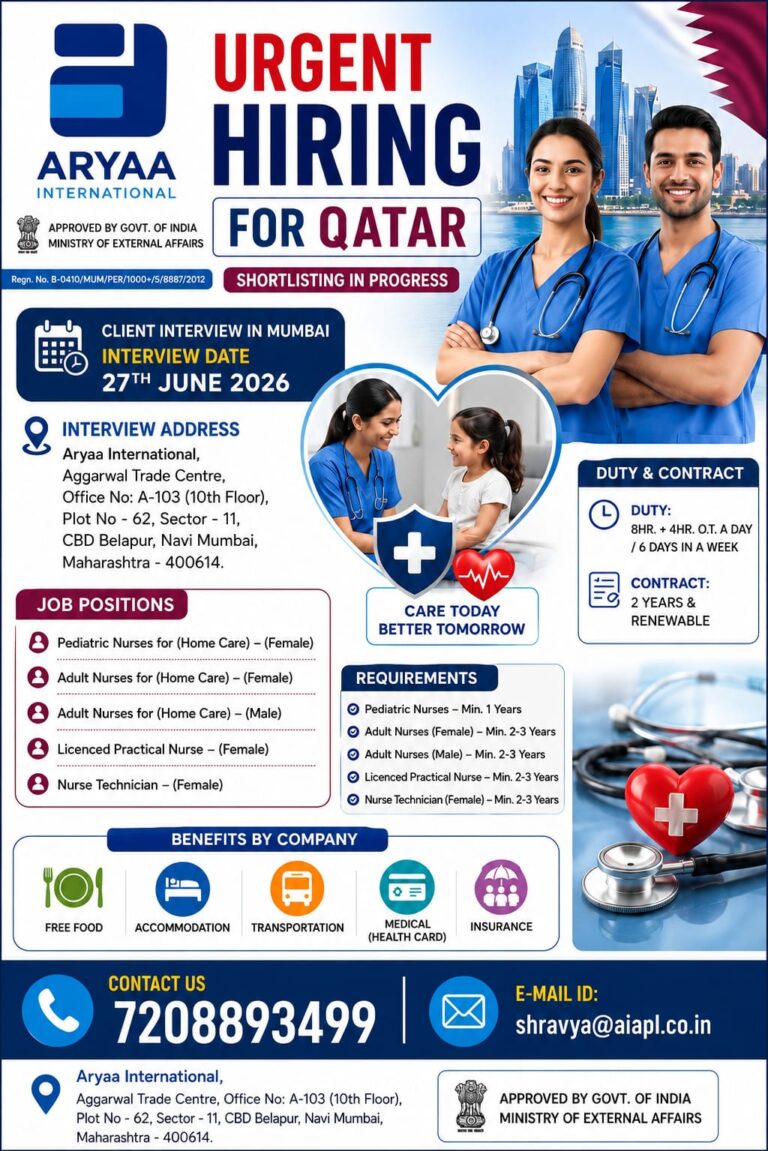 URGENT HIRING FOR QATAR – NURSING JOBS