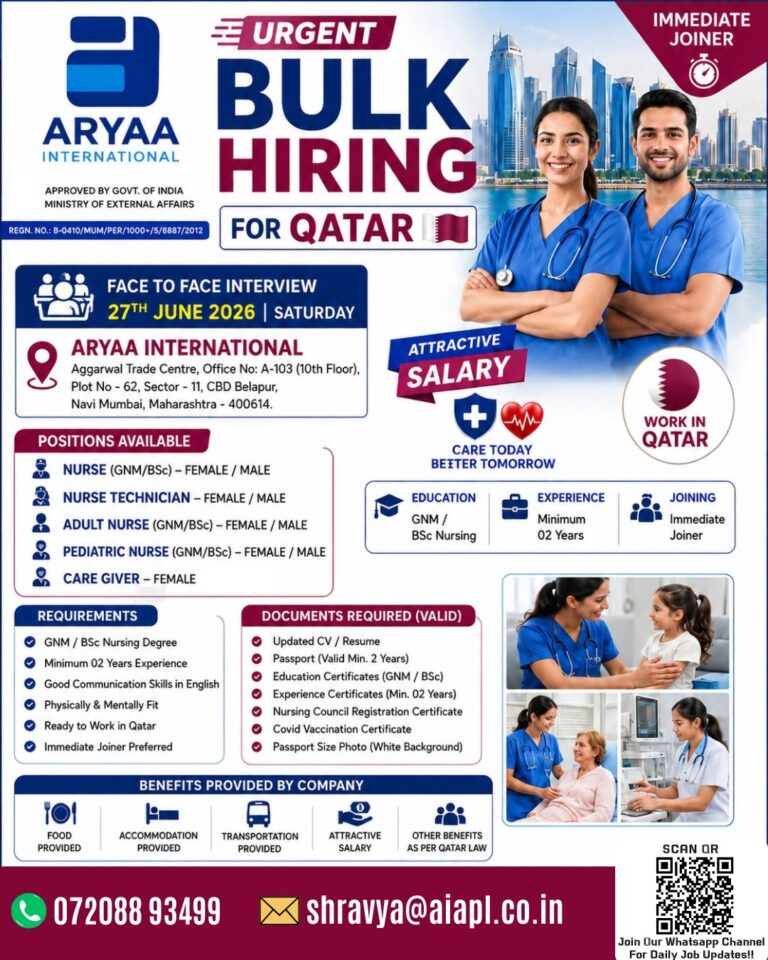 Hey Nurses! Ready to advance your career? Arya International is urgently hiring nursing staff for home care positions in Qatar.