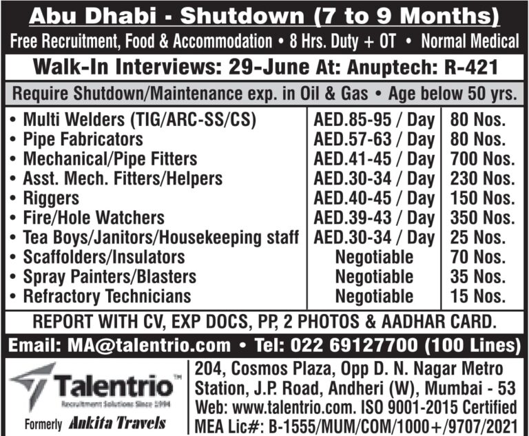 Abu Dhabi Shutdown Jobs – Free Recruitment at Talentrio