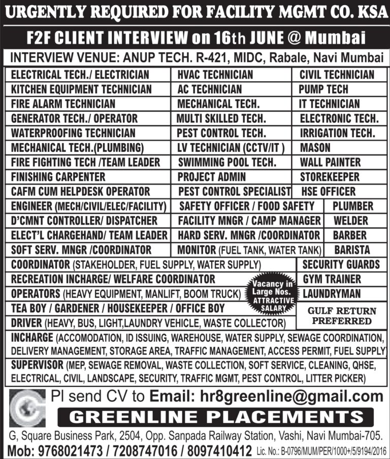 Saudi Arabia Facility Jobs – Urgent Hiring at Greenline Placements