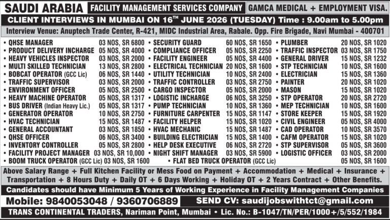 Saudi Arabia Jobs – Client Interview in Mumbai by Trans Continental