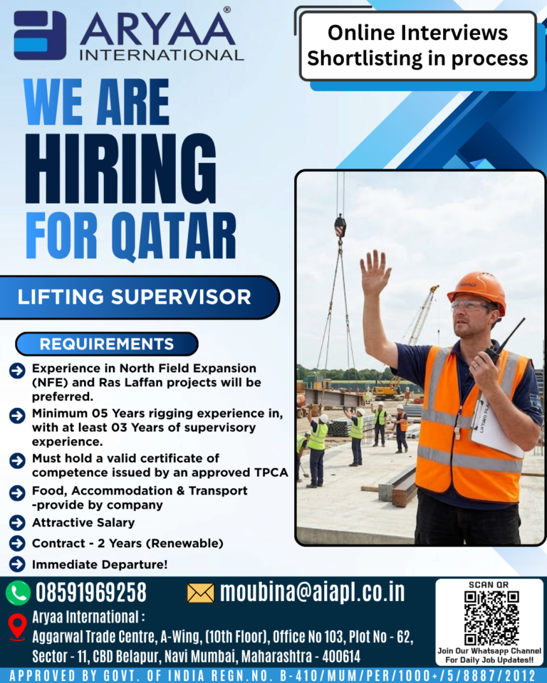 Aryaa International is hiring for Qatar. Shortlisting and online interviews are currently in progress for the position of Lifting Supervisor.