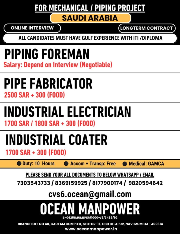 Saudi Arabia Piping Jobs - Online Interview at Ocean Manpower 7 Saudi Arabia Piping Jobs – Online Interview at Ocean Manpower