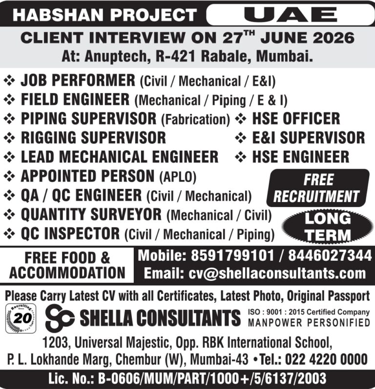UAE Habshan Project Jobs – Free Hiring at Shella Consultants