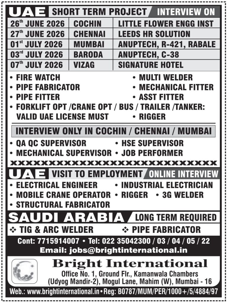 UAE & Saudi Arabia Jobs – Urgent Hiring at Bright International