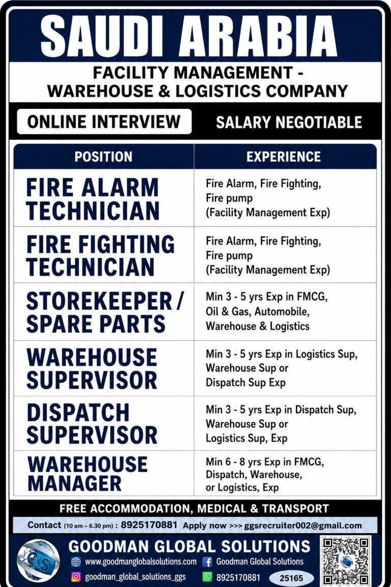 SAUDI ARABIA - FACILITY MANAGEMENT-WAREHOUSE & LOGISTIC COMPANY- LONG TERM CV SELECTION FOLLOWED BY ONLINE INTERVIEW 8 SAUDI ARABIA – FACILITY MANAGEMENT-WAREHOUSE & LOGISTIC COMPANY- LONG TERM CV SELECTION FOLLOWED BY ONLINE INTERVIEW