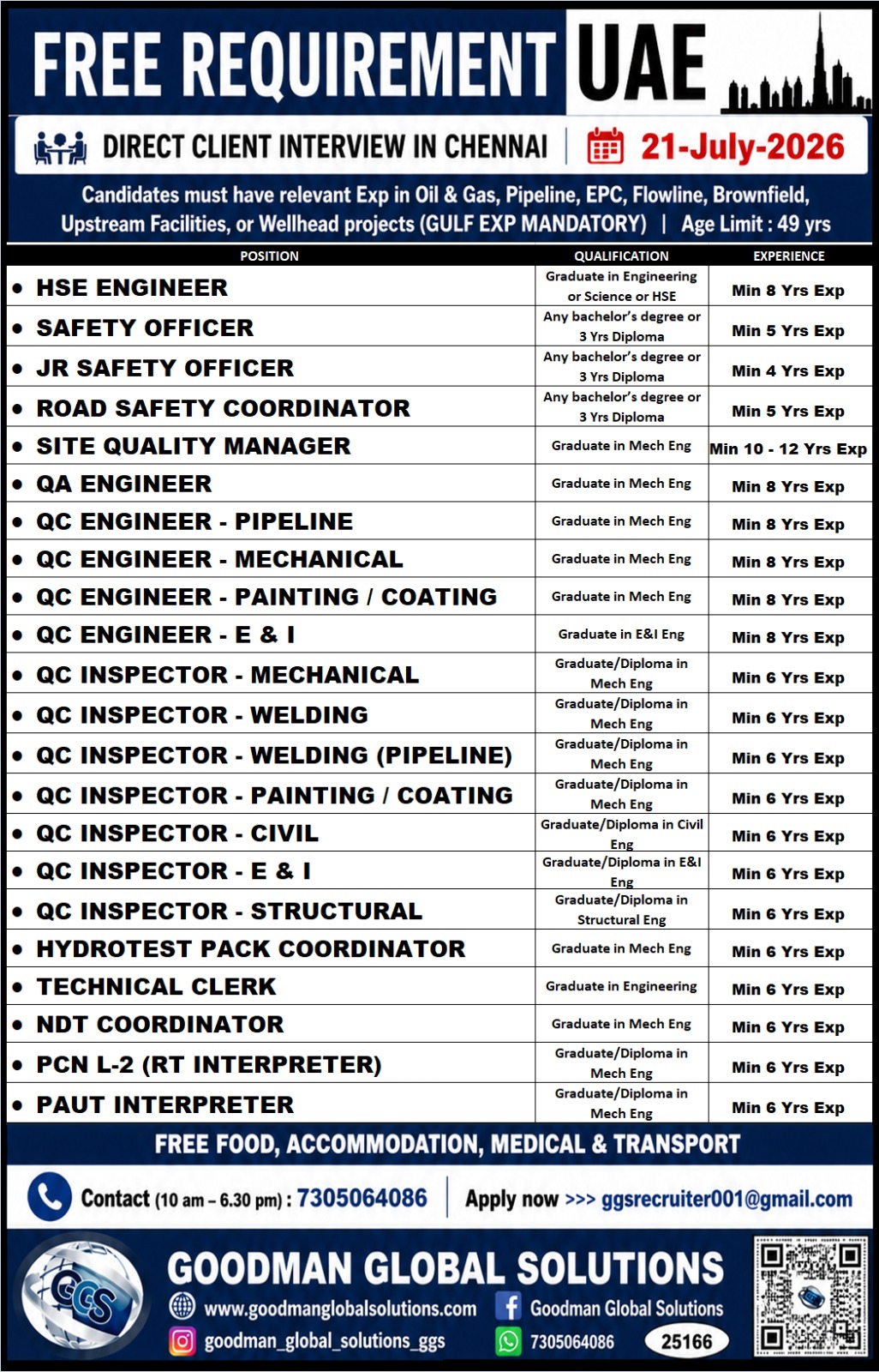 FREE REQUIREMENT-UAE- LONG TERM  DIRECT CLIENT INTERVIEW IN CHENNAI @ 21-07-2026