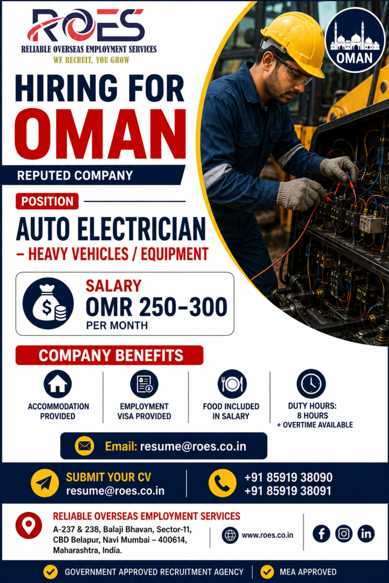 🚨 HIRING FOR OMAN 🚨  Position: 🔧 Auto Electrician – Heavy Vehicles / Equipment