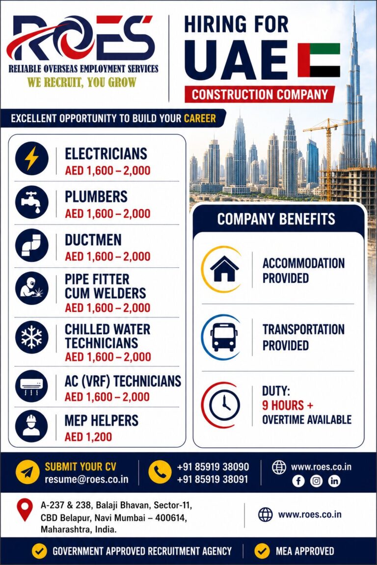 🇦🇪 HIRING FOR UAE – LEADING CONSTRUCTION COMPANY
